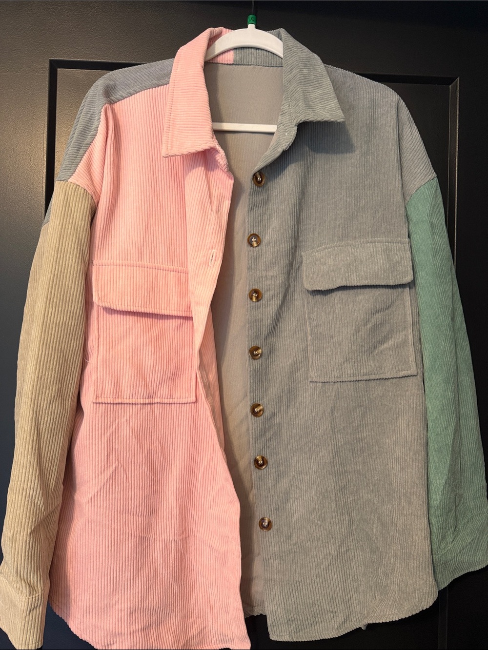 Colorblock Corduroy Shacket Jacket - Pink, Gray & Green